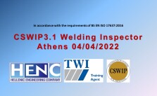 New Date CSWIP3.1 Welding Inspector (Level 2) course, ATHENS, 04/04/2022