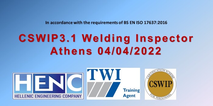 New Date CSWIP3.1 Welding Inspector (Level 2) course, ATHENS, 04/04/2022